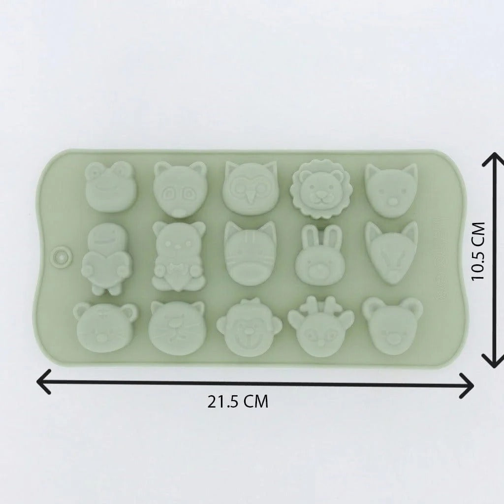 Sage green 15-cavity woodland and safari animals silicone mould with dimensions 21.5cm x 10.5cm