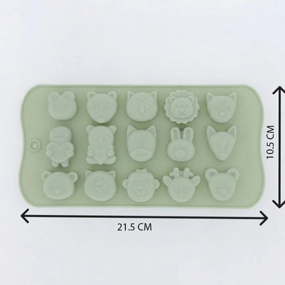 Sage green 15-cavity woodland and safari animals silicone mould with dimensions 21.5cm x 10.5cm