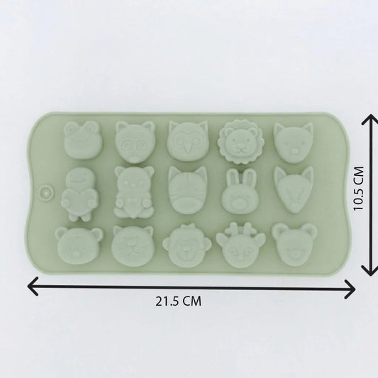 Sage green 15-cavity woodland and safari animals silicone mould with dimensions 21.5cm x 10.5cm