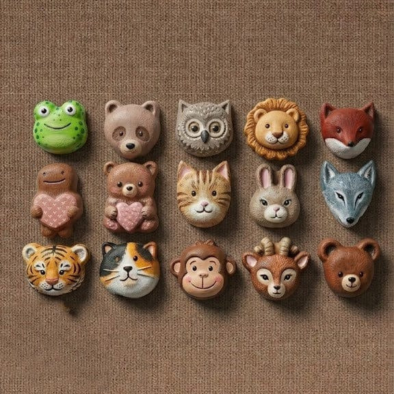 Colourful painted resin animal faces cast from mould including lion, fox, owl, rabbit, monkey and tiger