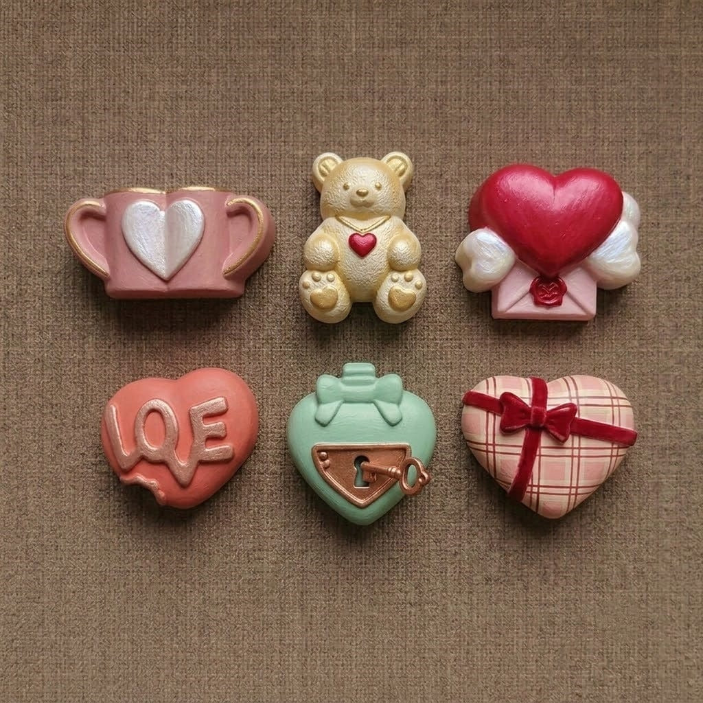 Colourful resin pieces cast from Valentine heart mould including teddy bear, love cup and heart lock designs