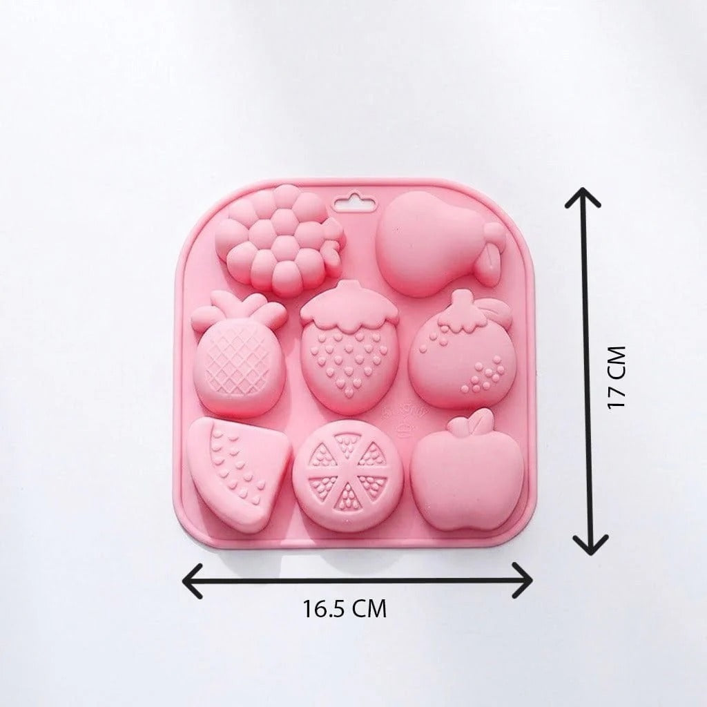 Pink 8-cavity fruit silicone mould with dimensions 16.5cm x 17cm