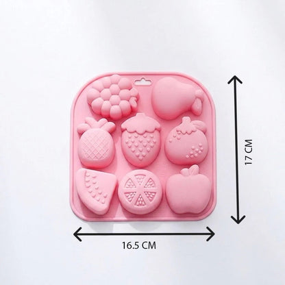 Pink 8-cavity fruit silicone mould with dimensions 16.5cm x 17cm