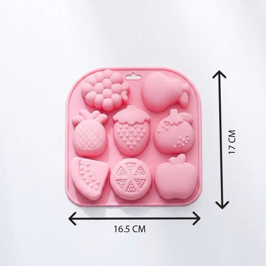 Pink 8-cavity fruit silicone mould with dimensions 16.5cm x 17cm