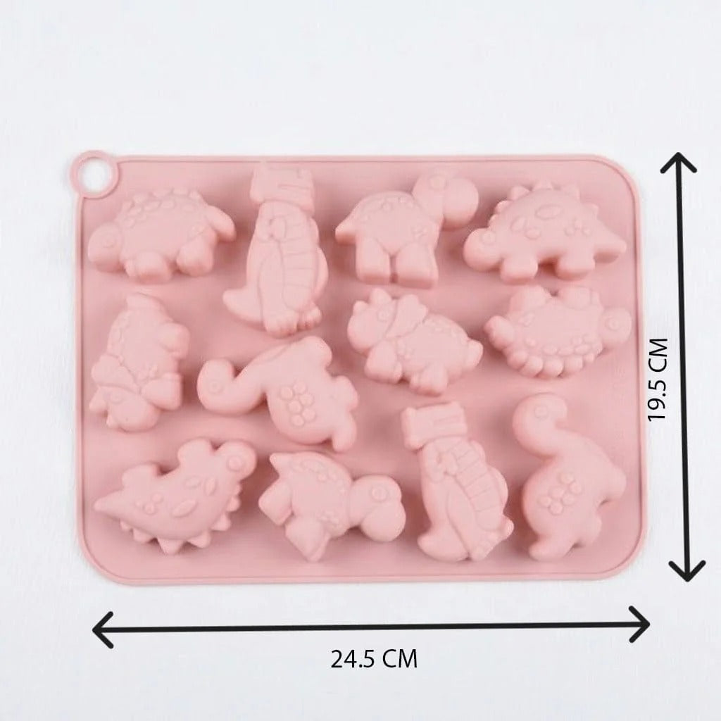 Pink 12-cavity dinosaur silicone mould with dimensions 24.5cm x 19.5cm